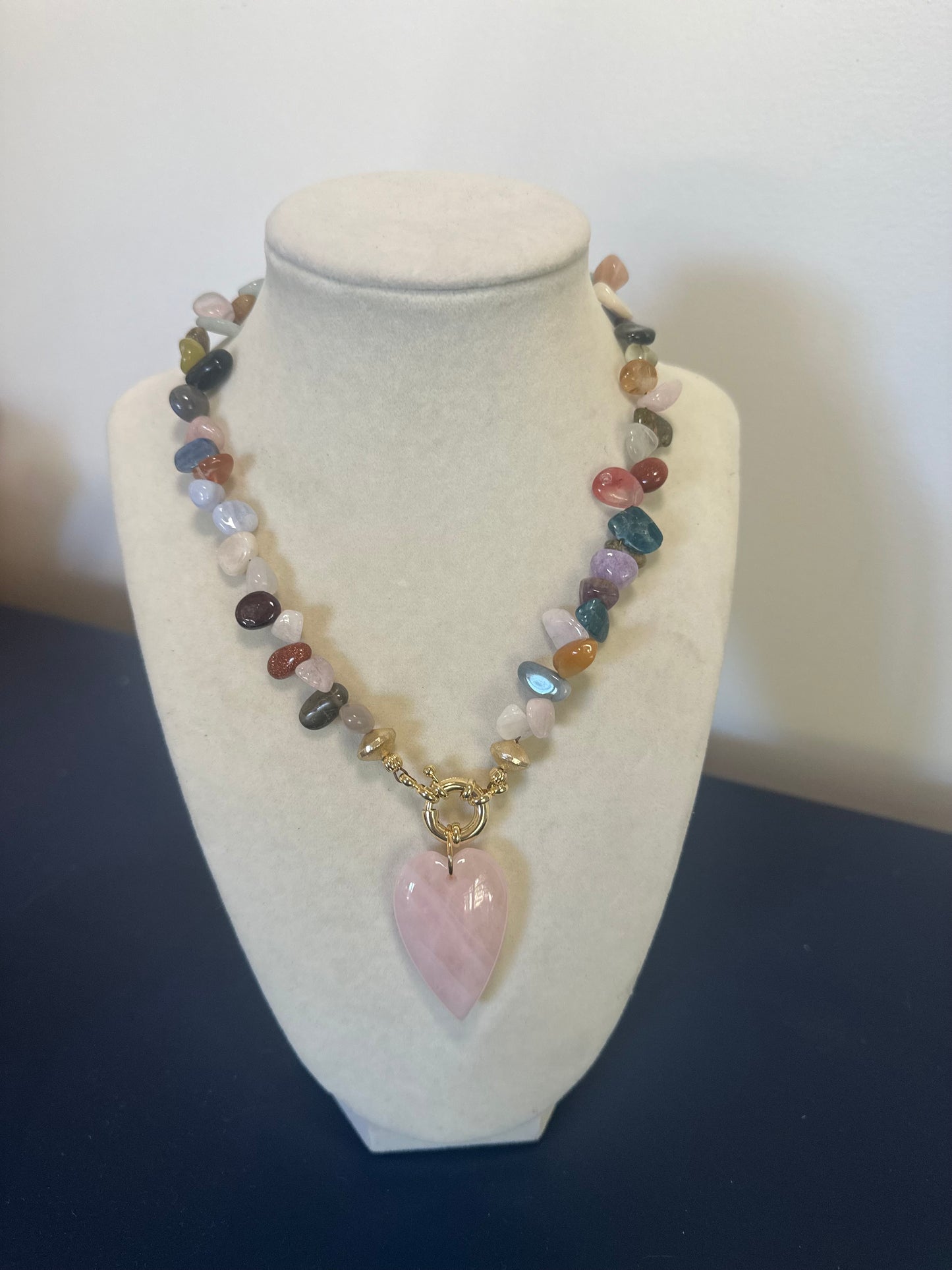 The Quarry: multi colored stones with pink heart pendant