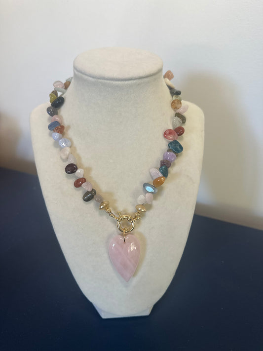 The Quarry: multi colored stones with pink heart pendant