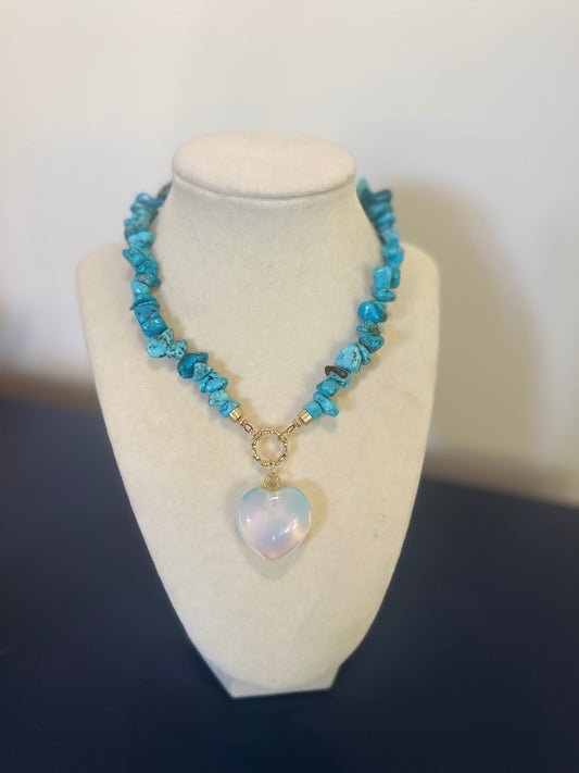 The Quarry: turquoise stones with translucent heart pendant