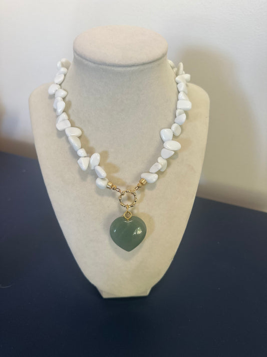 The Quarry: white stones with green heart pendant