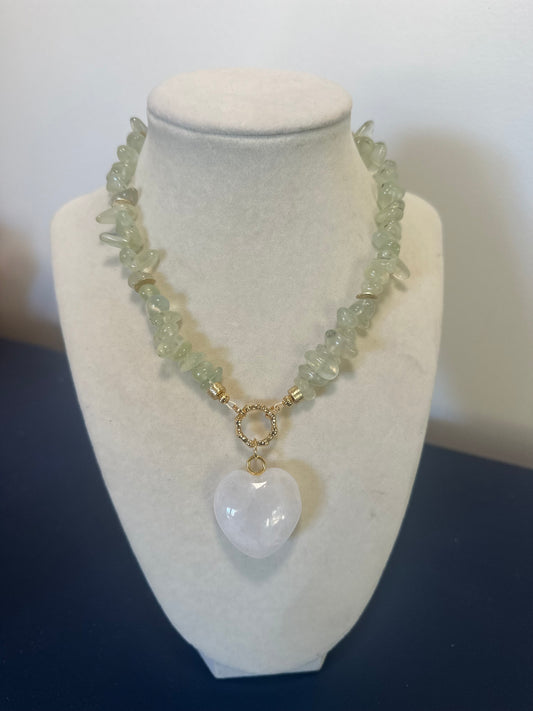 The Quarry: green stones with white heart pendant
