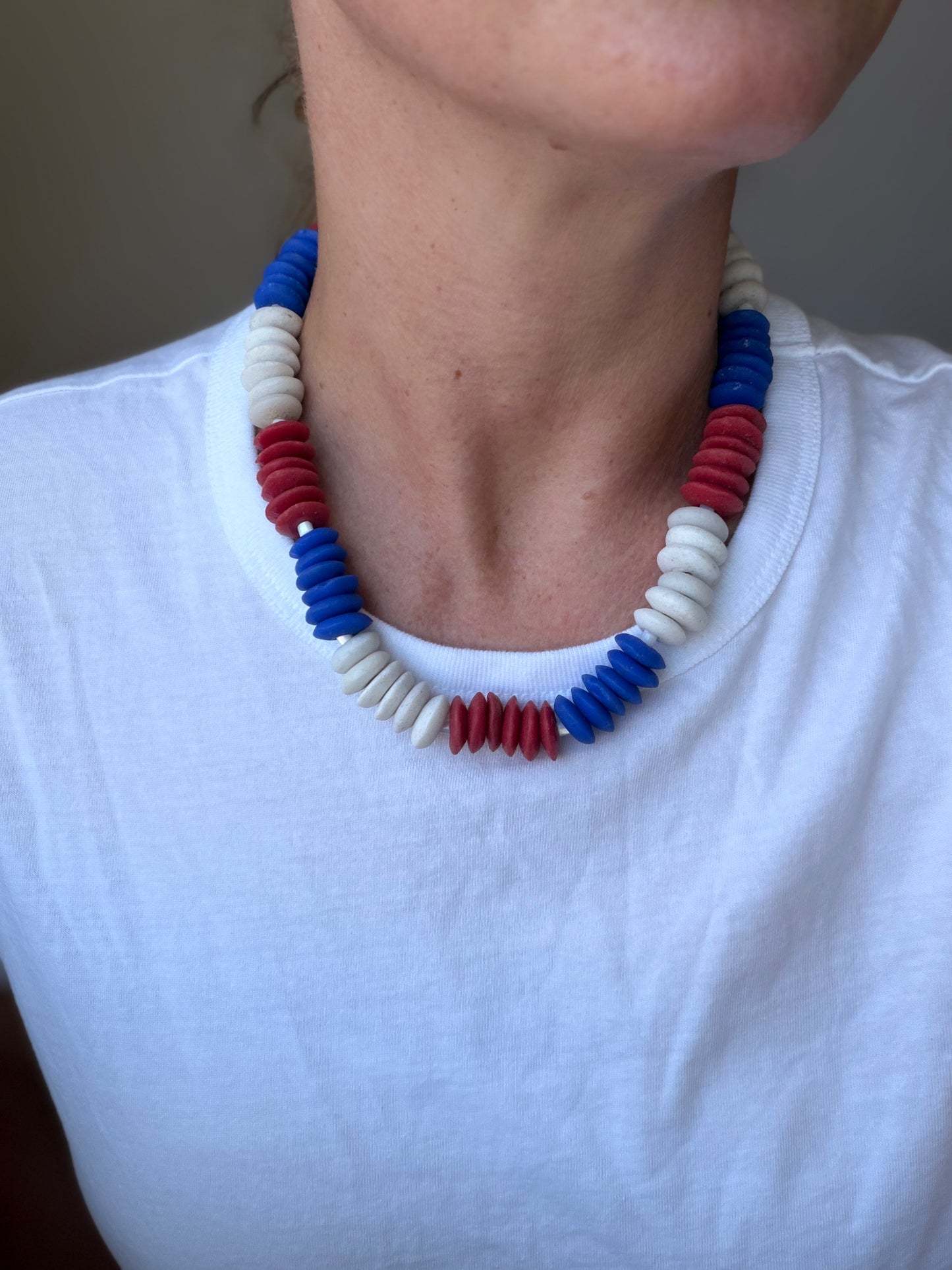 American: red, white and blue recycled glass beads