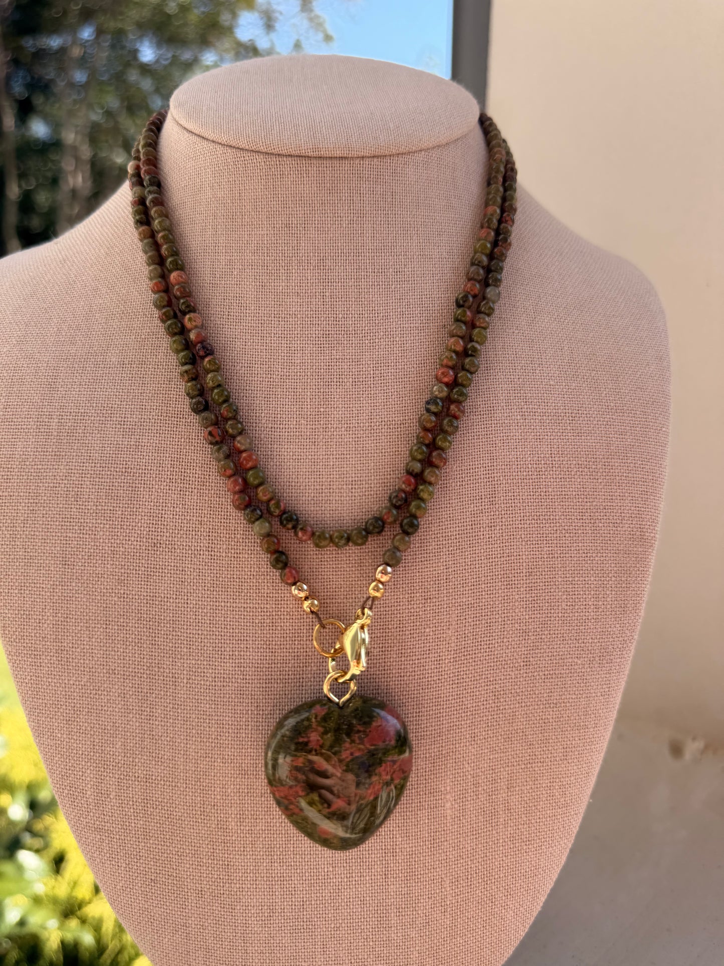Double wrap: Unakite with a matching heart pendant