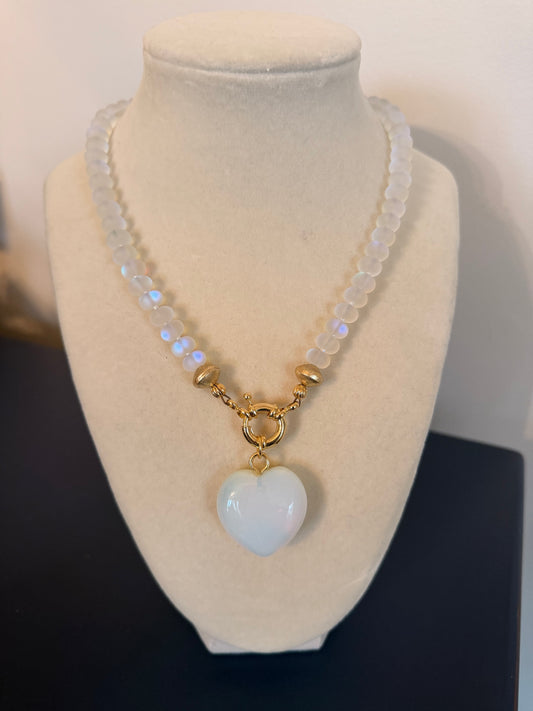 Flock: Frosty white iridescent beads with a matching heart pendant