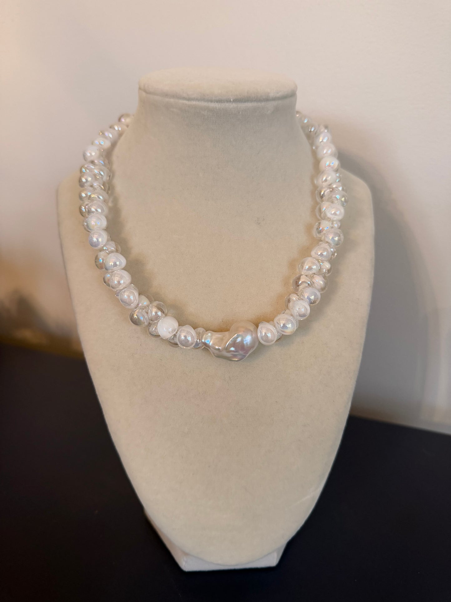 Radiance: white and clear iridescent, hand blown glass beads with a baroque pearl