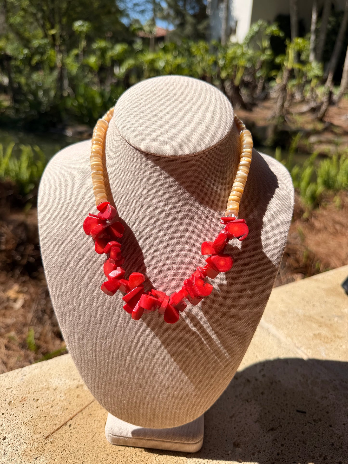 Beachy: red coral with mother of pearl beads