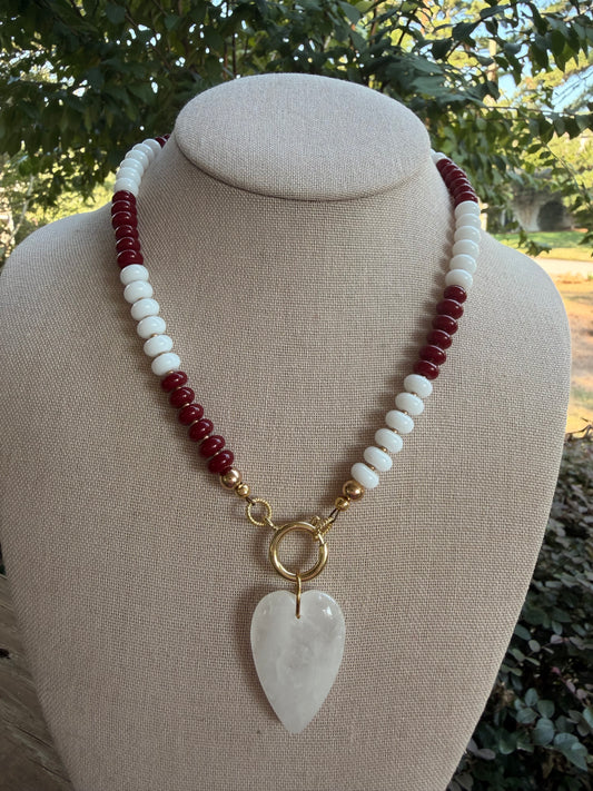 Game Day: dark red and white with a heart pendant