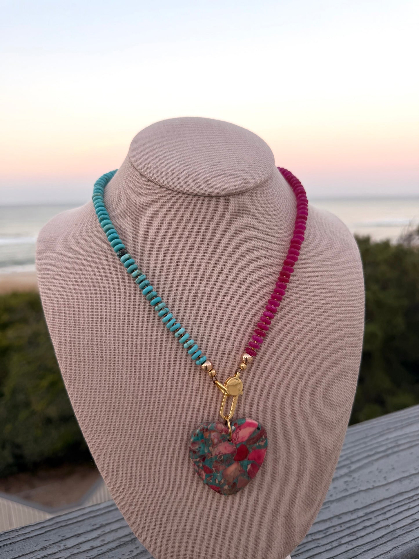 Flock: two tone turquoise and pink with matching heart pendant