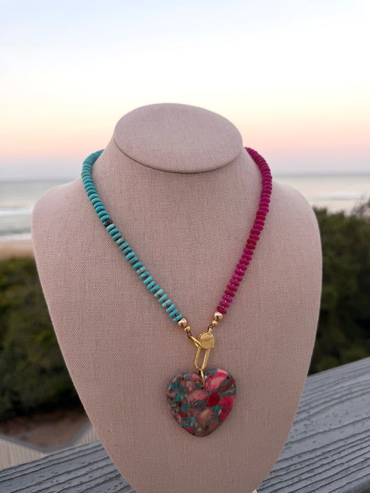 Flock: two tone turquoise and pink with matching heart pendant