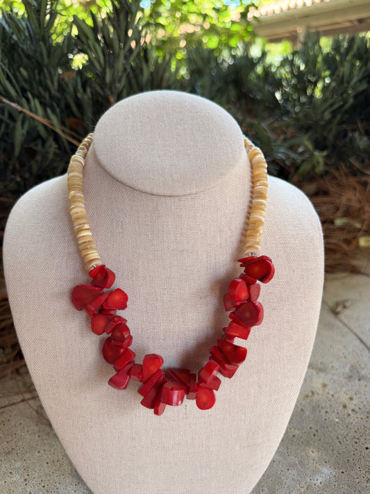Beachy: red coral with mother of pearl beads