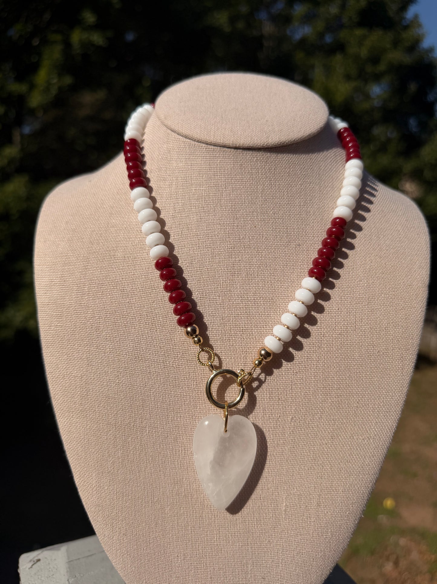 Game Day: dark red and white with a heart pendant