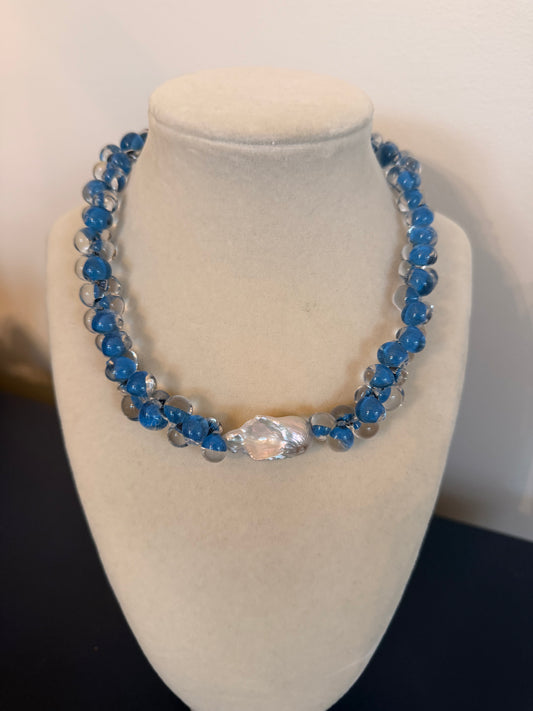 Radiance: blue and clear hand blown glass beads with a baroque pearl