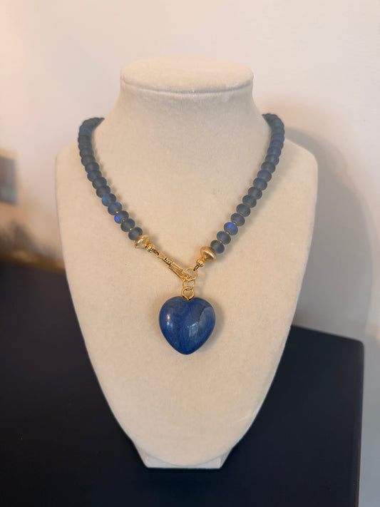 Flock: Frosty blue iridescent beads with a blue heart pendant