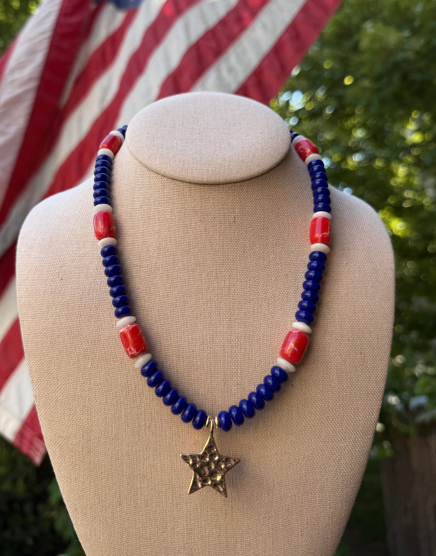 American: red, white, and blue with a gold star