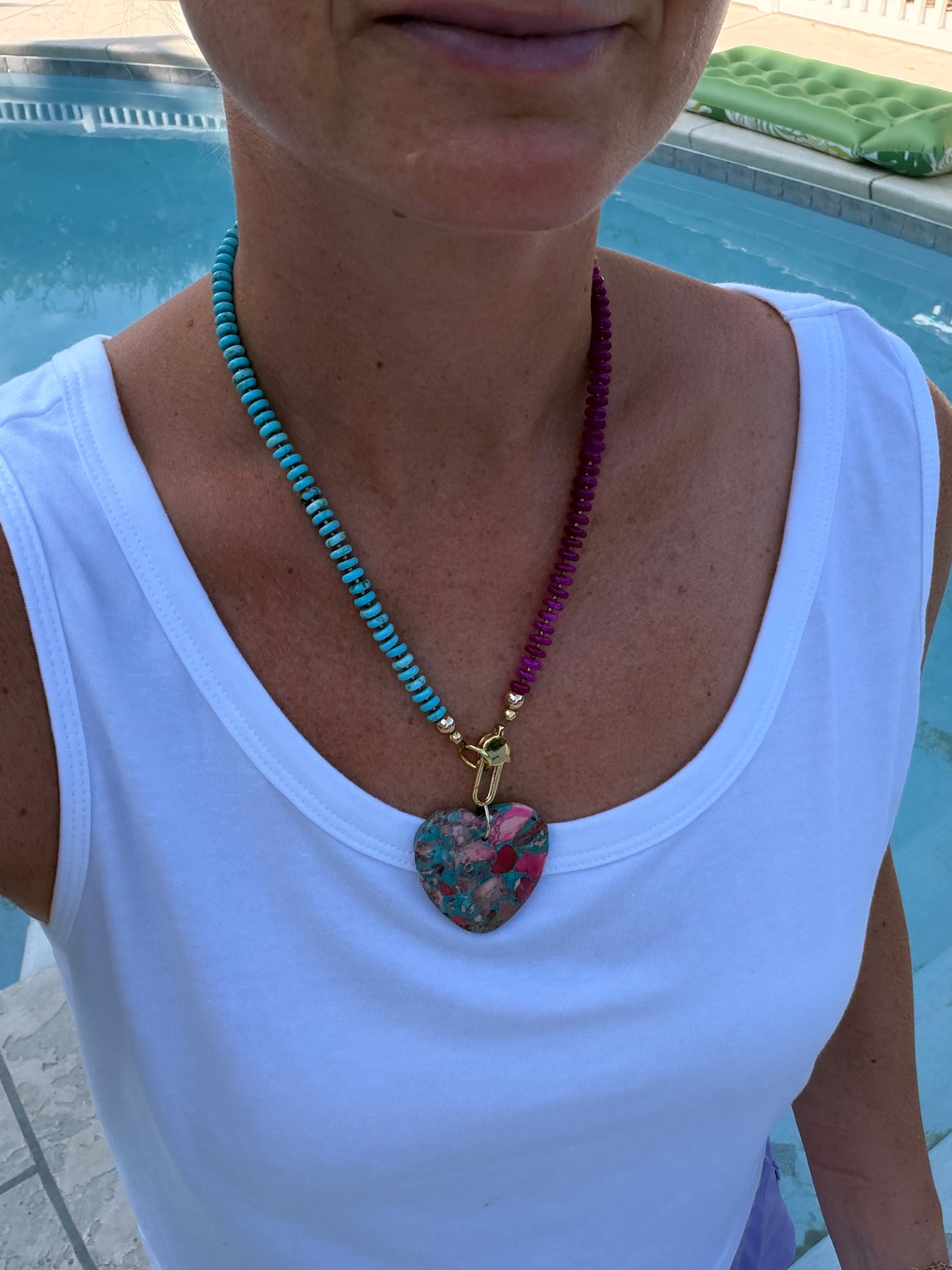 Flock: two tone turquoise and pink with matching heart pendant
