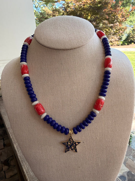 American: red, white, and blue with a gold star
