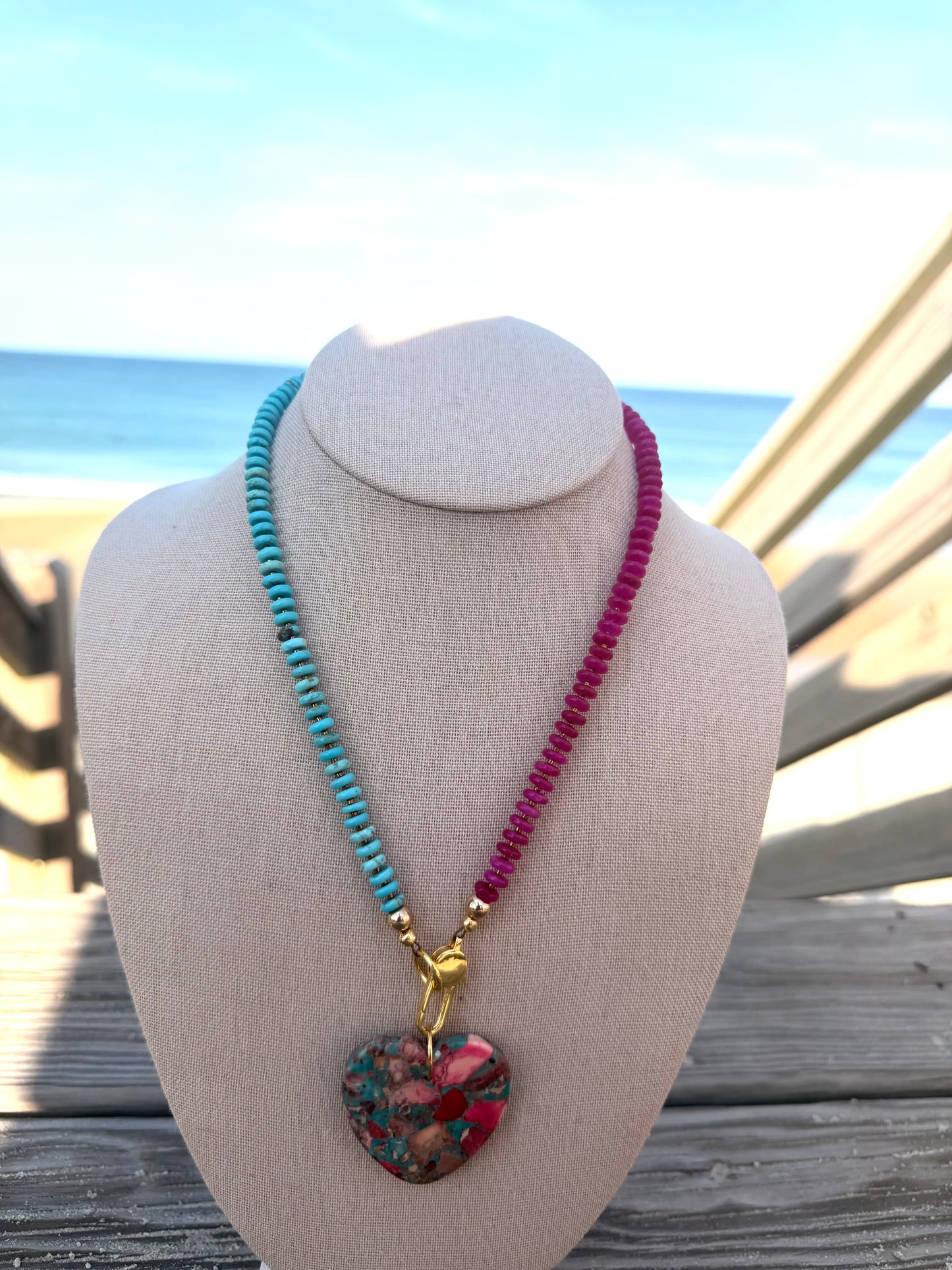 Flock: two tone turquoise and pink with matching heart pendant