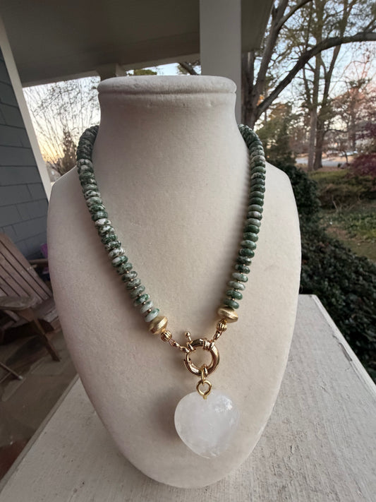 Flock: green and white stones with a translucent white heart pendant