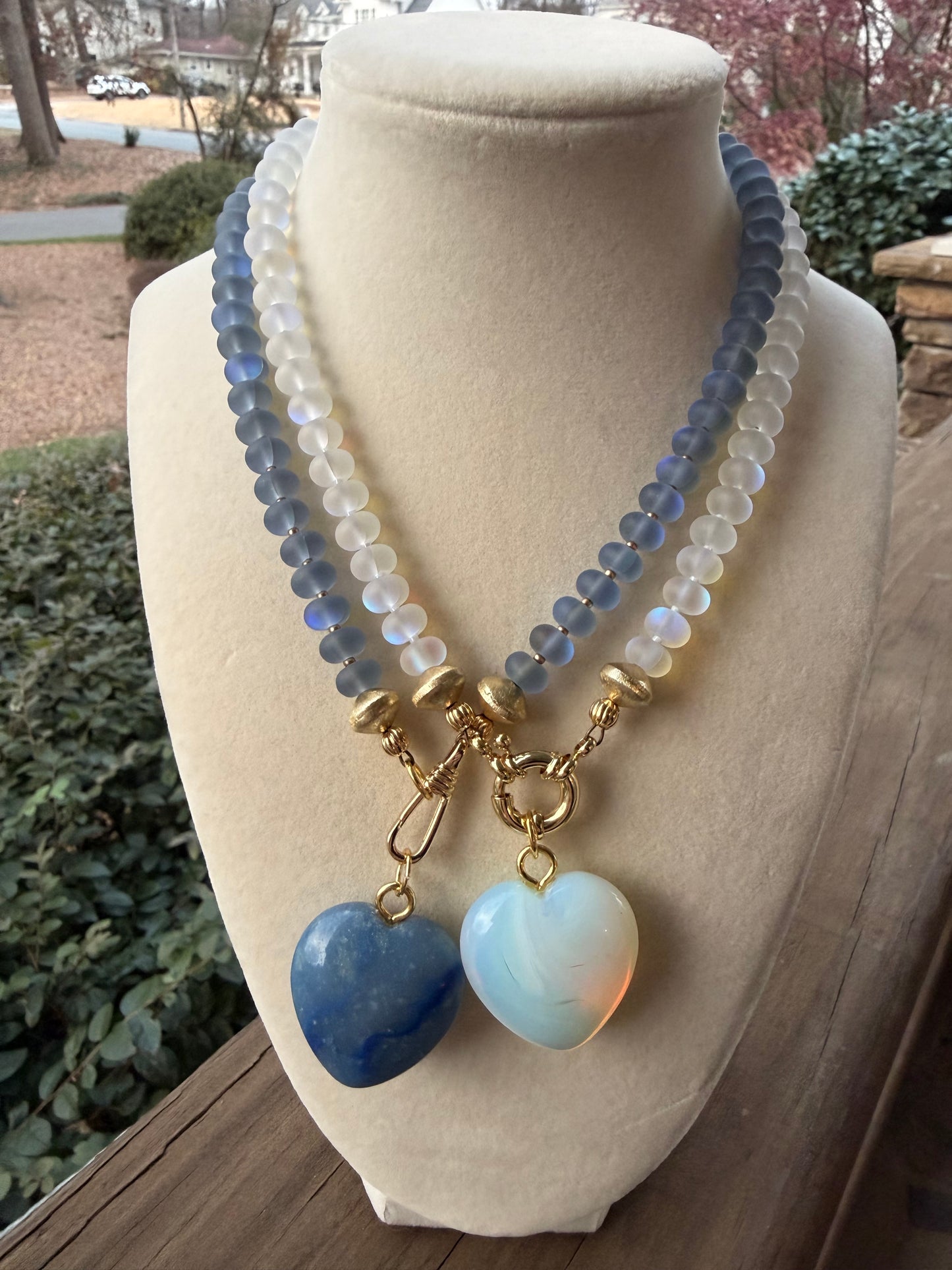Flock: Frosty blue iridescent beads with a blue heart pendant