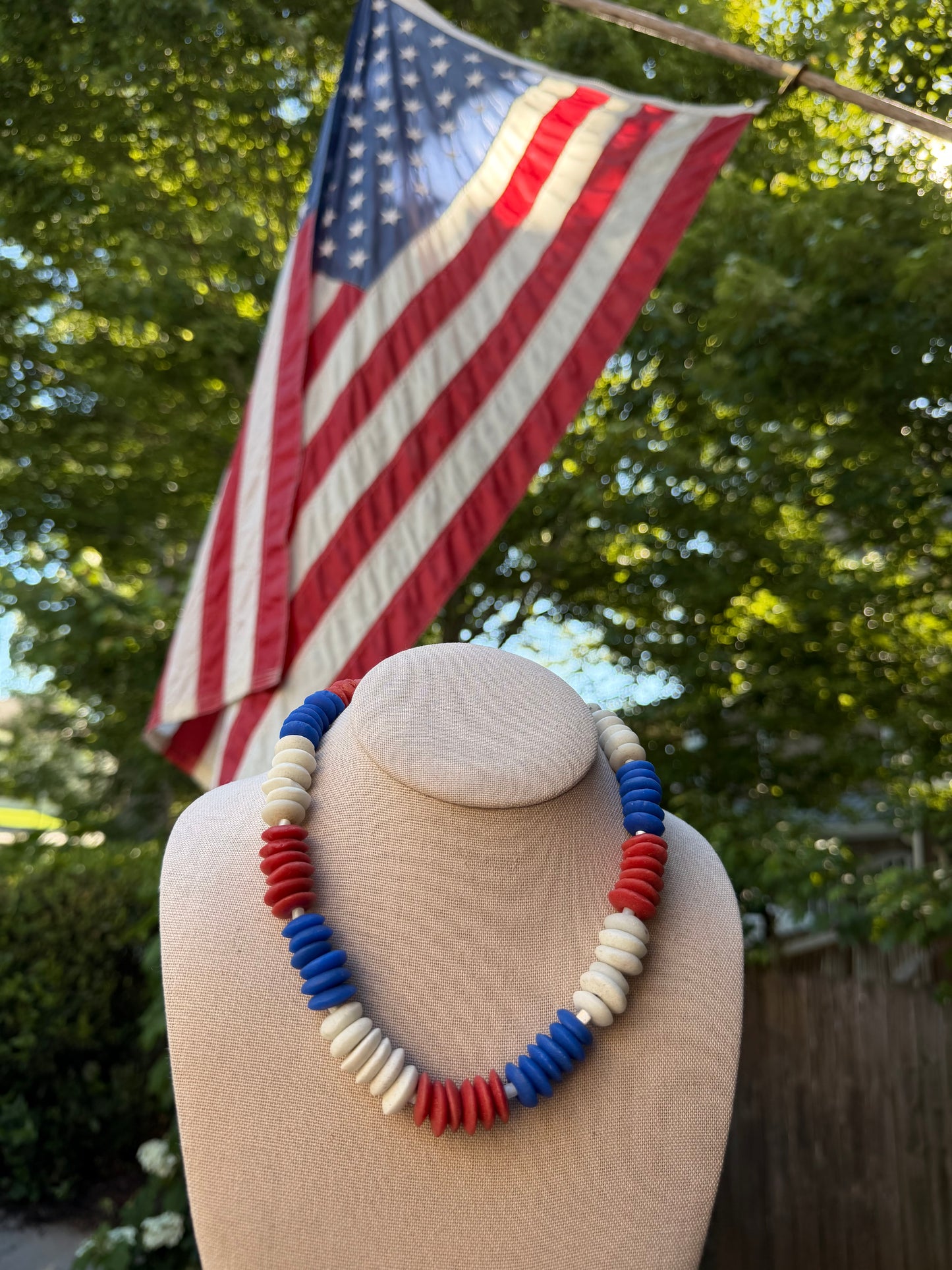 American: red, white and blue recycled glass beads