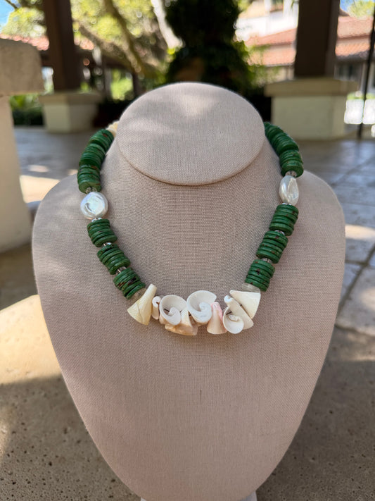 Beachy: shells with green coins and coin pearls