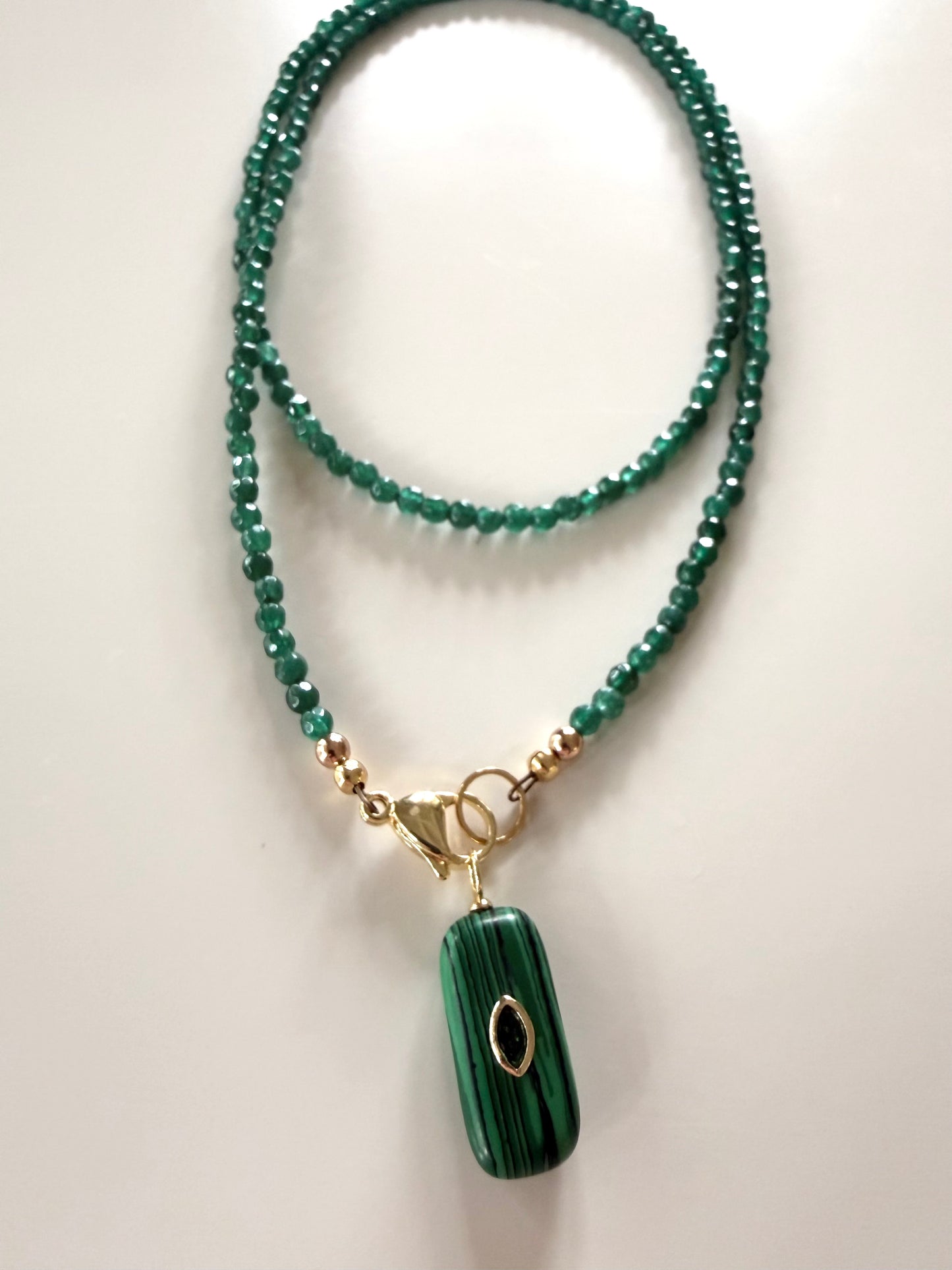 Double wrap: green jade with a malachite pendant