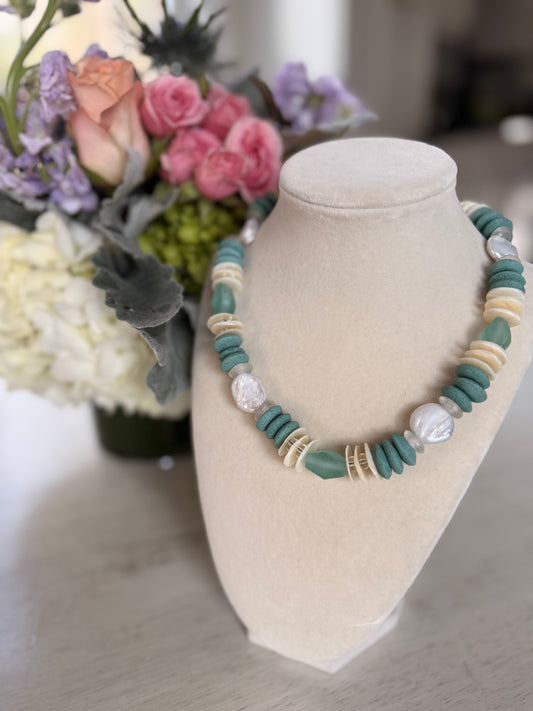 Beachy: shells with green glass beads and pearls