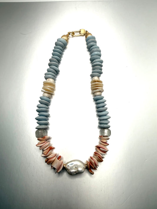 Beachy shells with light blue glass beads and a baroque pearl