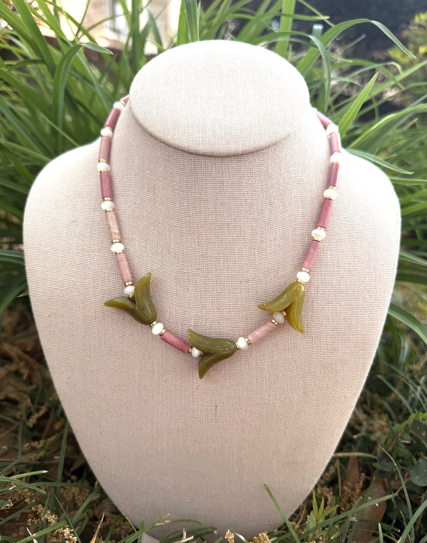 Wild Nest: Green trumpet flowers with pink and white beads