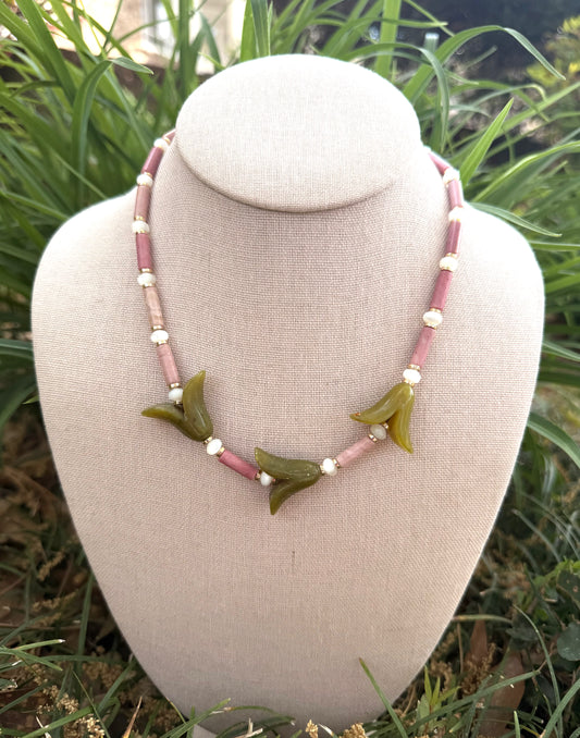 Wild Nest: Green trumpet flowers with pink and white beads