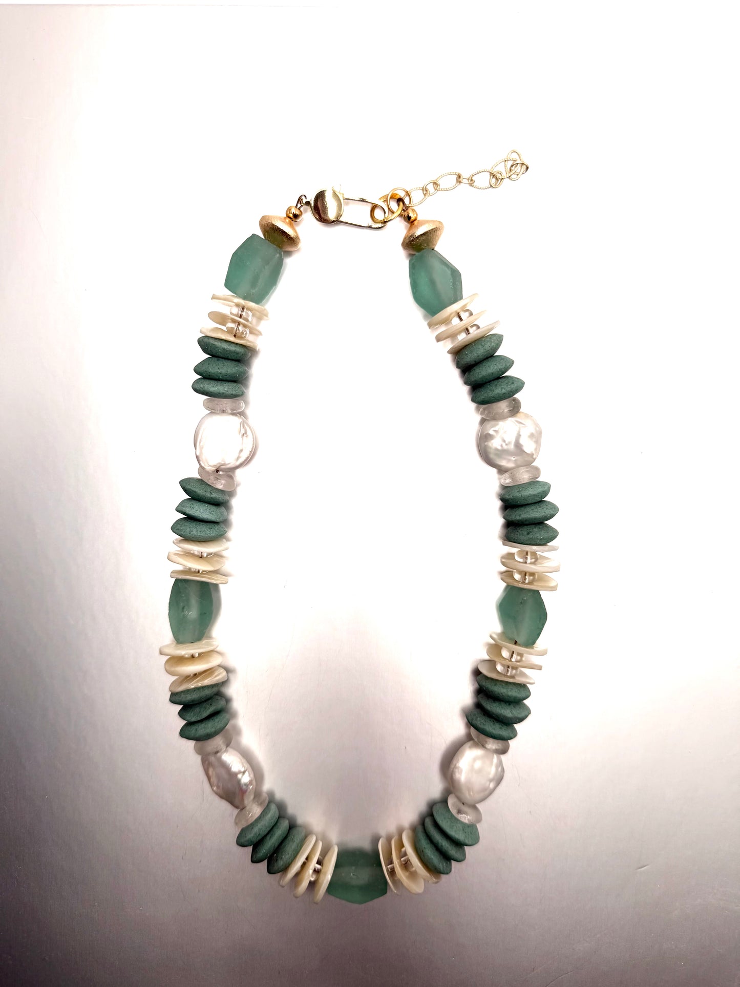 Beachy: shells with green glass beads and pearls