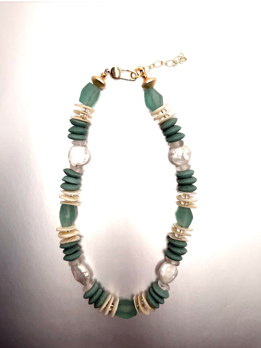 Beachy: shells with green glass beads and pearls