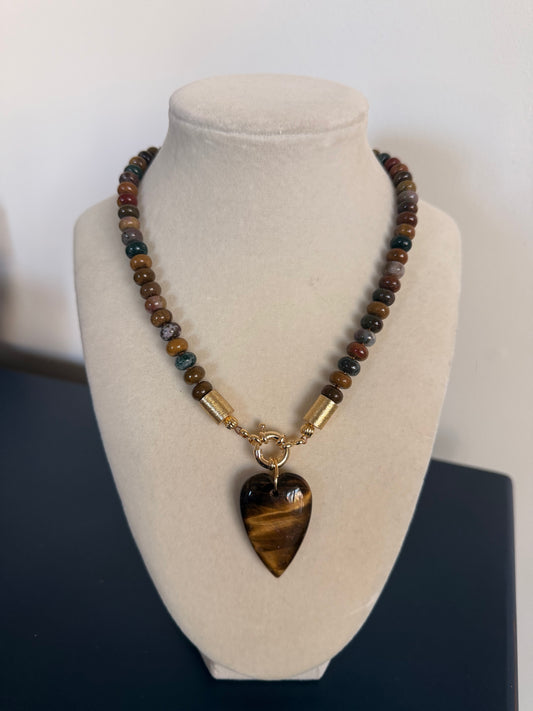 Flock: earthy multicolored with tiger’s eye heart pendant