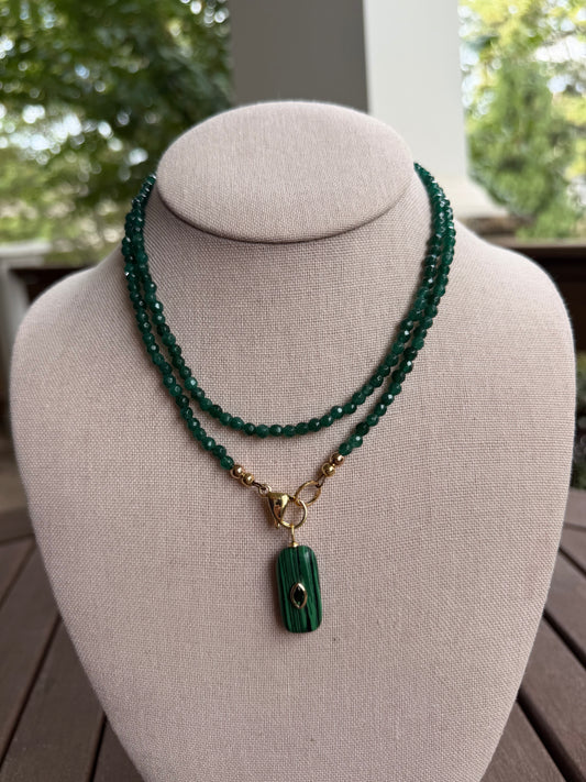 Double wrap: green jade with a malachite pendant