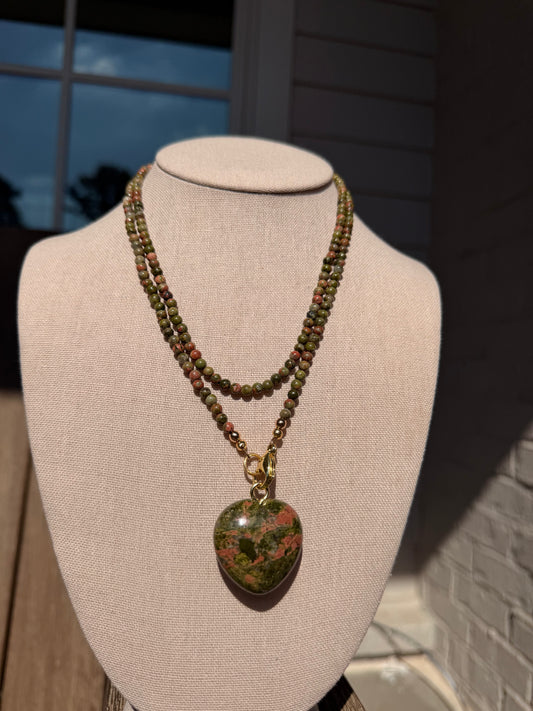 Double wrap: Unakite with a matching heart pendant