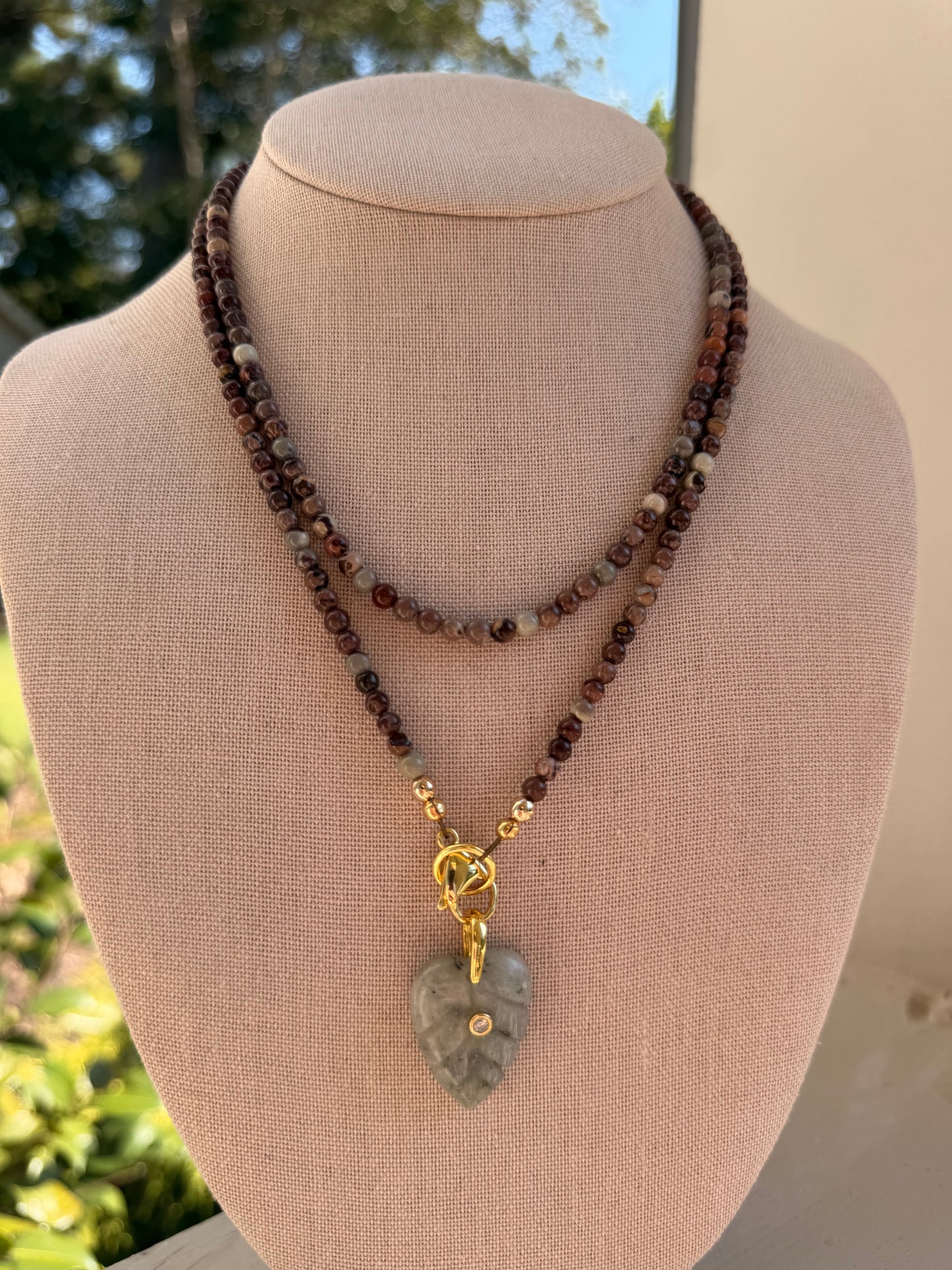 Double wrap: Earthy mauve with a gray leaf pendant