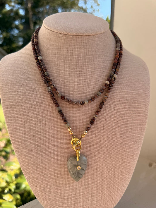 Double wrap: Earthy mauve with a gray leaf pendant