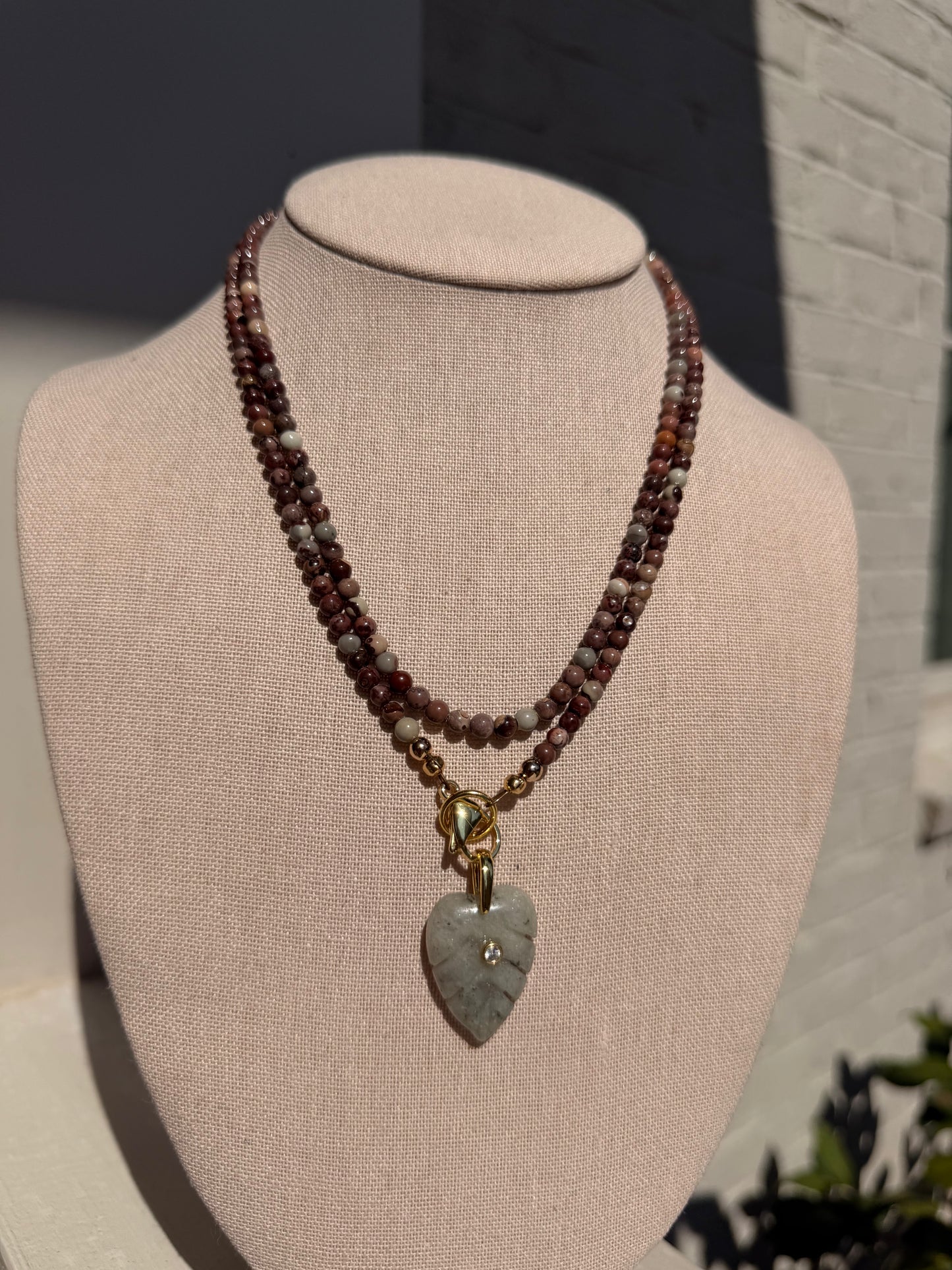 Double wrap: Earthy mauve with a gray leaf pendant