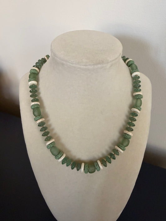 Flock: Green saucer beads with lava and glass beads