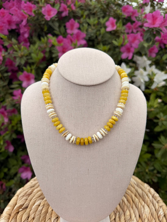 Flock: yellow, shells and mother of pearl