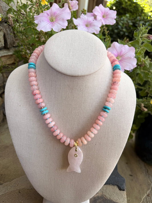 Beachy: pink and turquoise with a light pink fish pendant