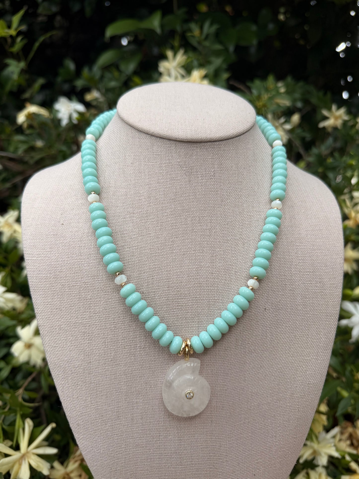 Beachy: mint or white beads with shell pendant