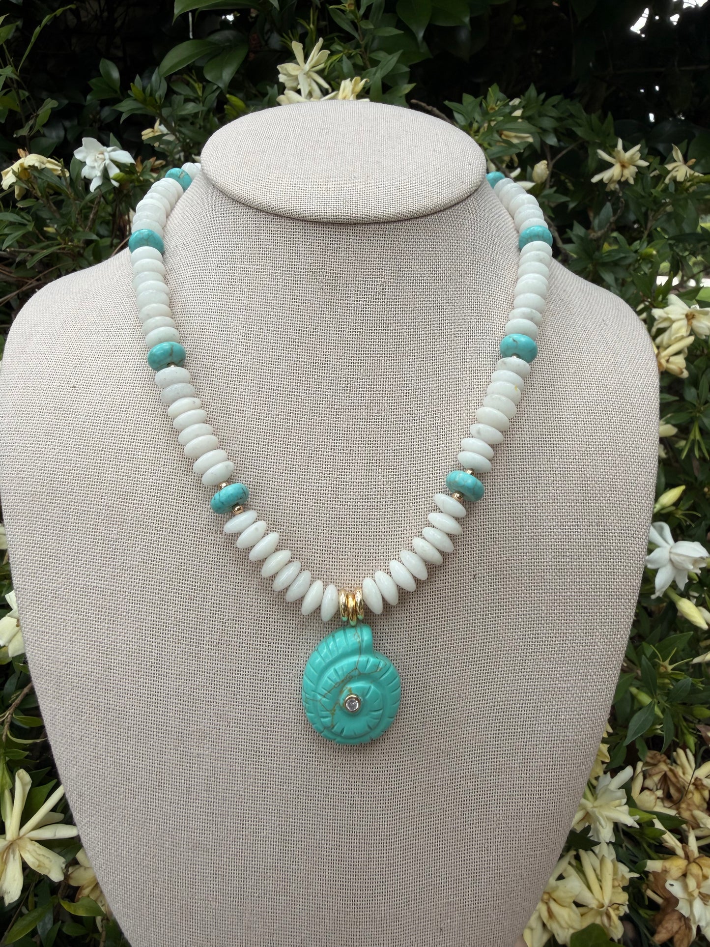 Beachy: mint or white beads with shell pendant