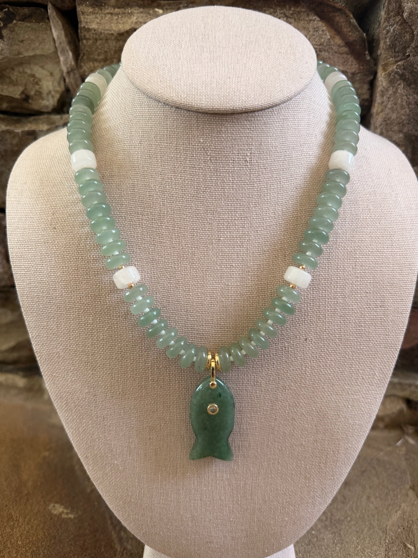 Flock: green fish pendant with matching beads