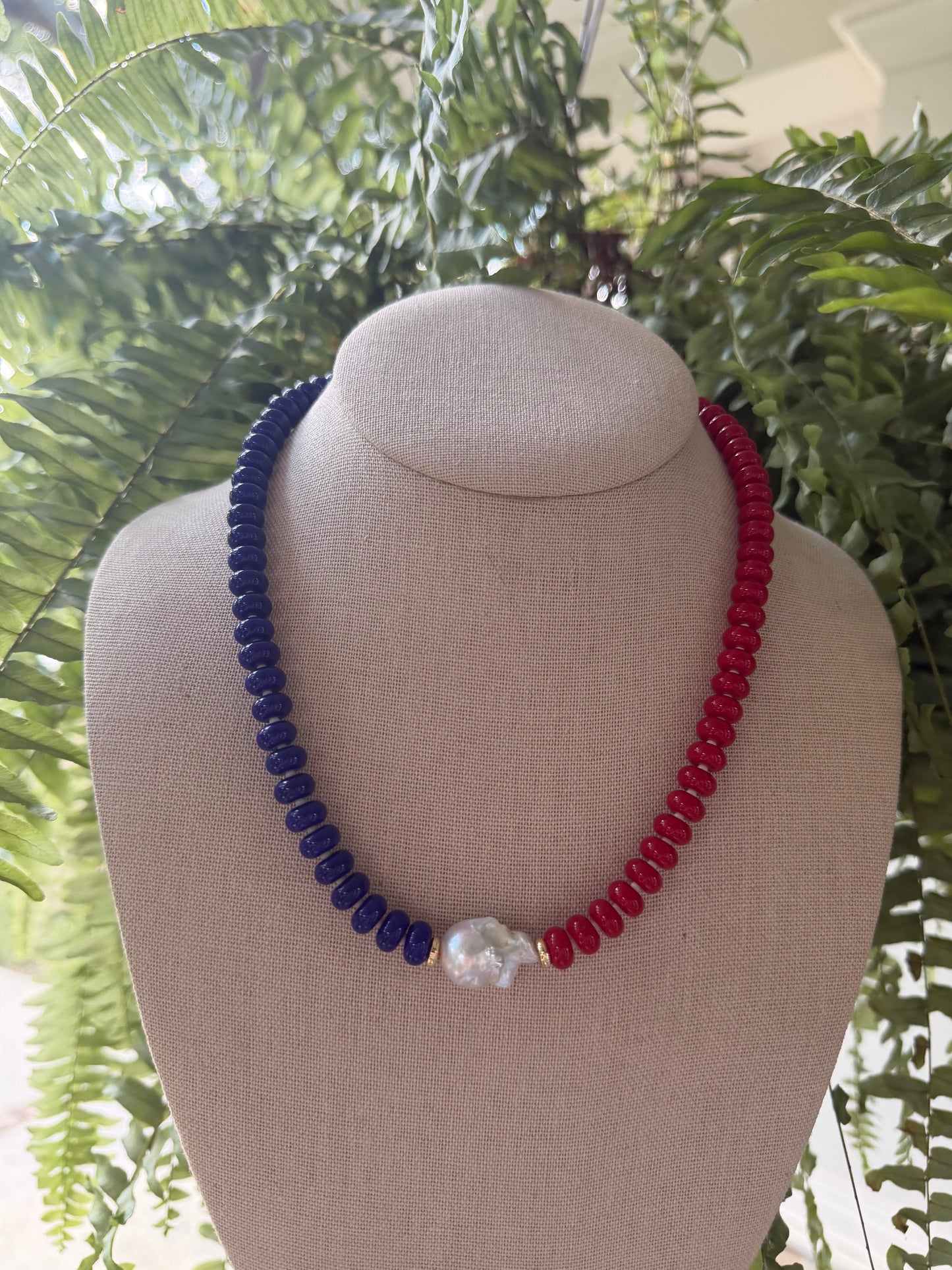 American: red and blue with a baroque pearl