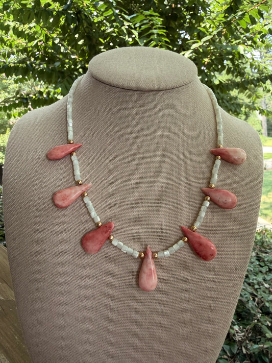 Pink teardrop opal beads with mother of pearls